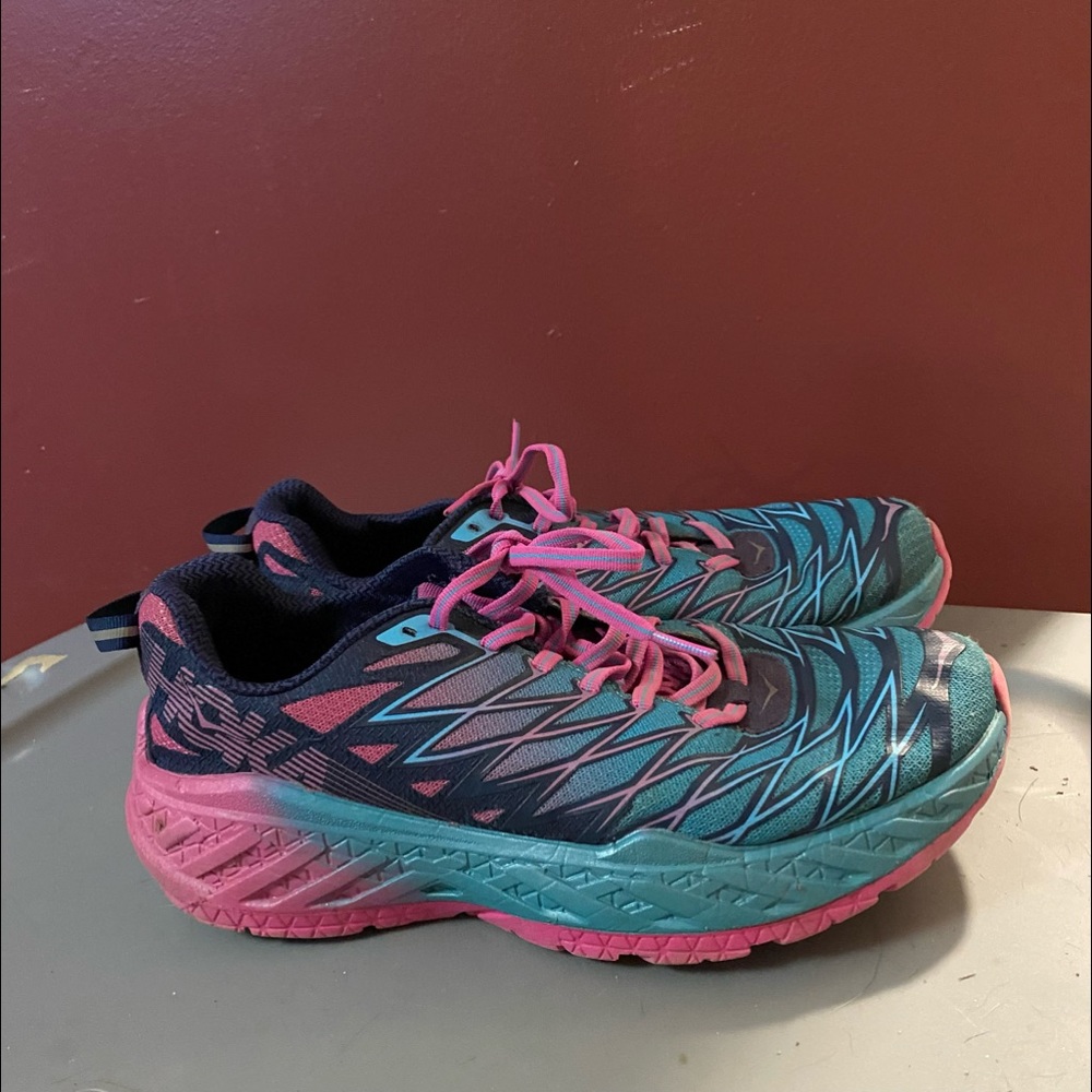 Hoka One One Women's Teal and Pink Running Sneakers